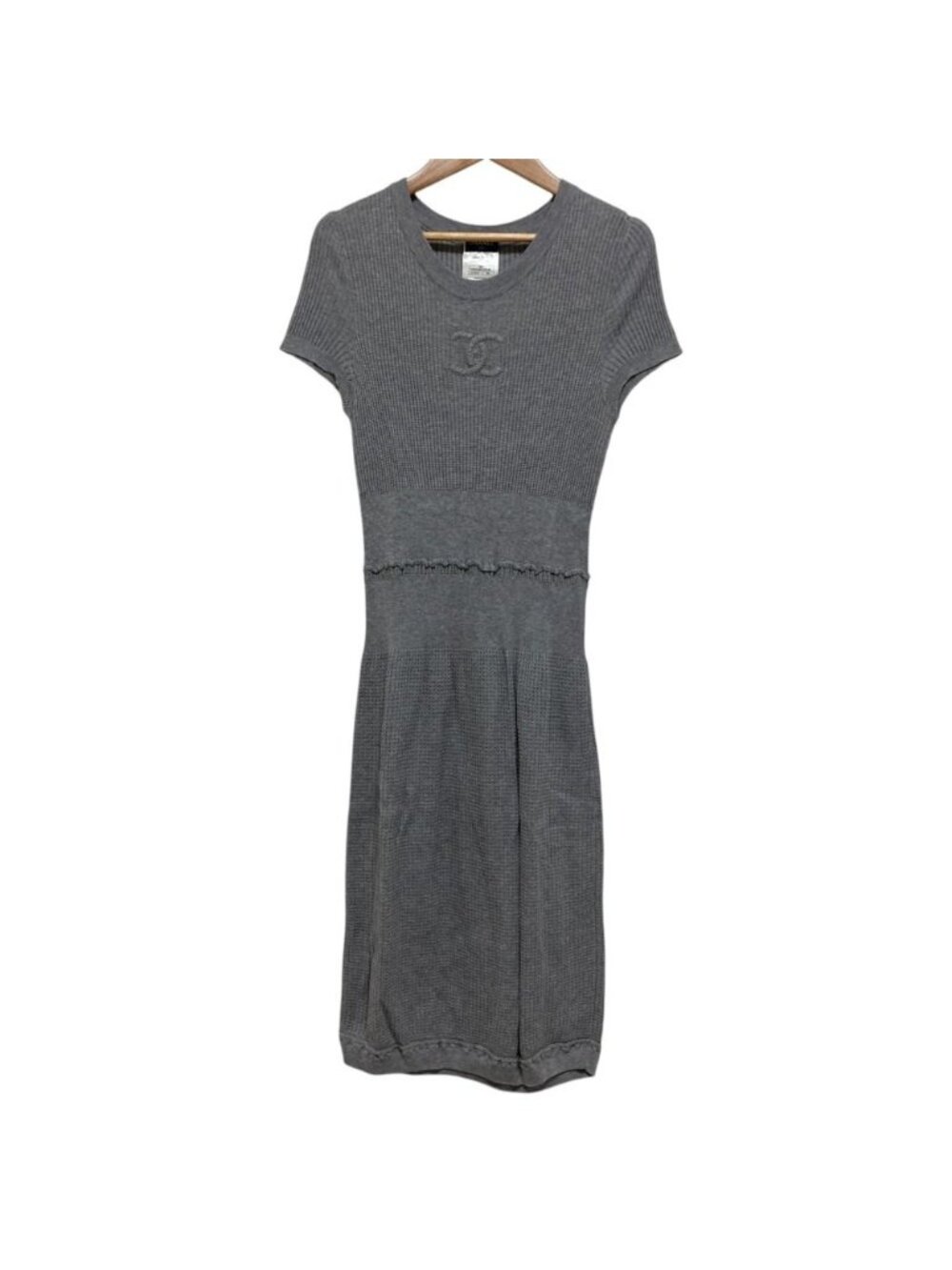 Chanel 09P CC Logo Short Sleeve Rib Knit Long Dress Gray 38